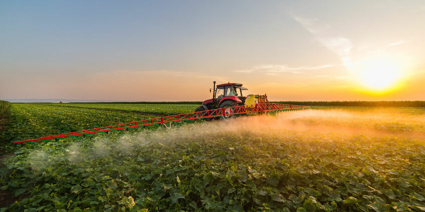 Tractor spraying pesticides on vegetable field  with sprayer at spring